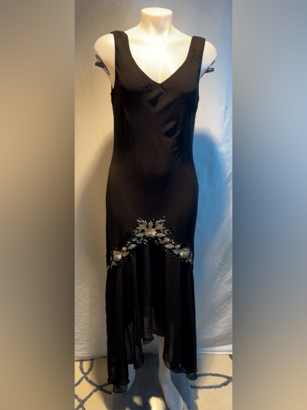 Vintage SL Fashions Black High-Low Dress with Gold Floral Embroidery Overlay